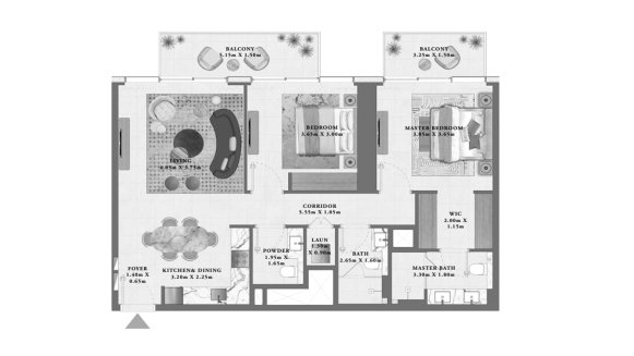 Планировка квартиры 2 спальни в ЖК Altan № 11011 (2D)